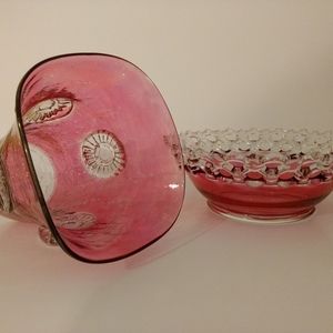 Victorian Era Cranberry Glass Bowl and Vase